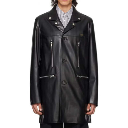 Men's Black Sheepskin Leather Long Coat with Zip Pocket Detail