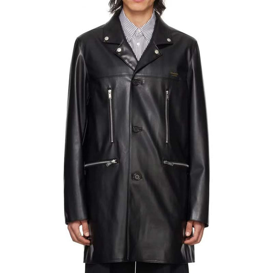 Men's Black Sheepskin Leather Long Coat with Zip Pocket Detail