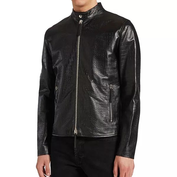 Black Genuine Leather Motorcycle Jacket with Snake Print Style for Men
