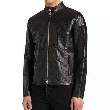Black Genuine Leather Motorcycle Jacket with Snake Print Style for Men