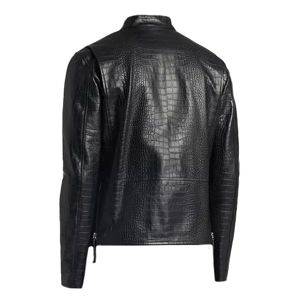 Black Genuine Leather Motorcycle Jacket with Snake Print Style for Men