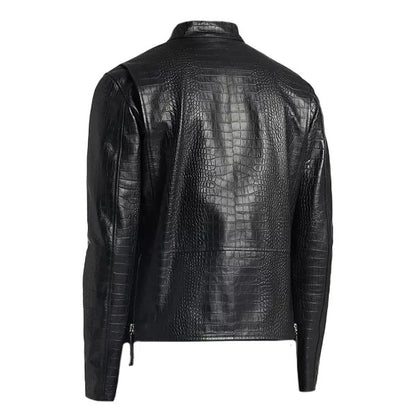 Black Genuine Leather Motorcycle Jacket with Snake Print Style for Men