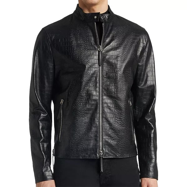 Black Genuine Leather Motorcycle Jacket with Snake Print Style for Men