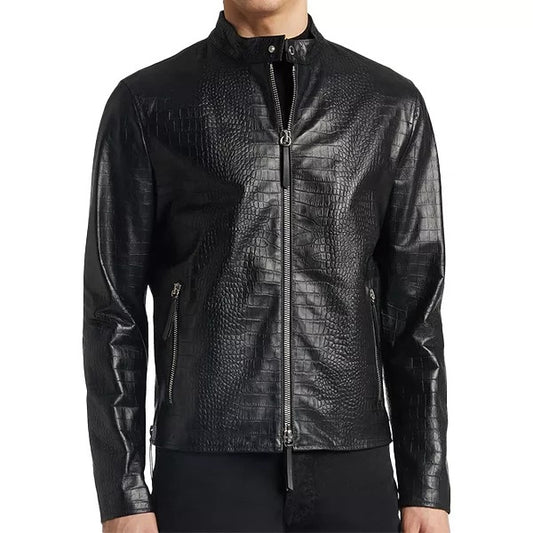 Black Genuine Leather Motorcycle Jacket with Snake Print Style for Men