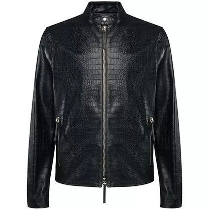 Black Genuine Leather Motorcycle Jacket with Snake Print Style for Men