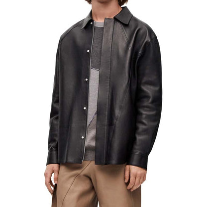 Men's Black Sheepskin Leather Shirt with Asymmetric Stitch Detail