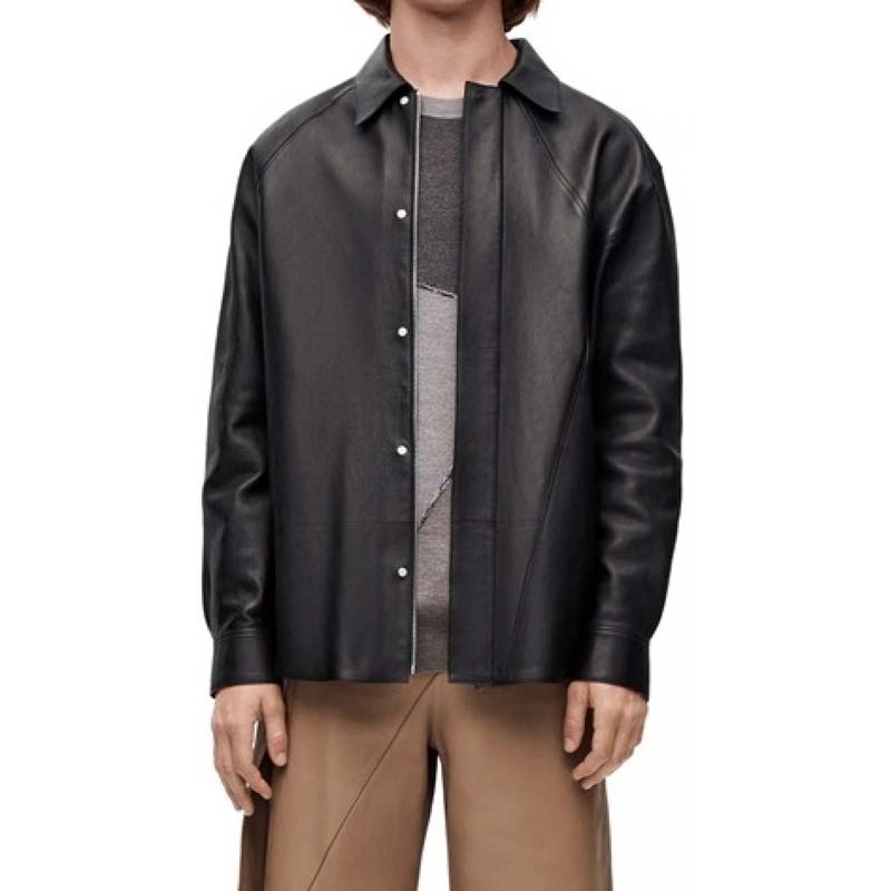 Men's Black Sheepskin Leather Shirt with Asymmetric Stitch Detail