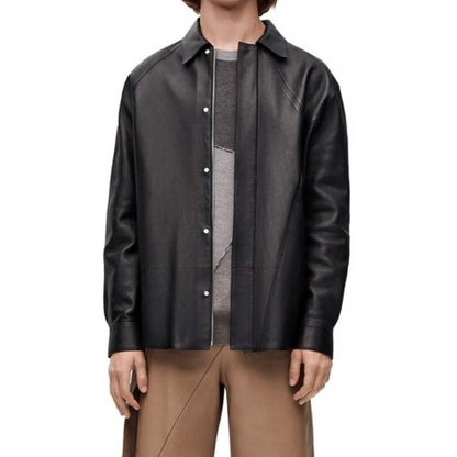 Men's Black Sheepskin Leather Shirt with Asymmetric Stitch Detail
