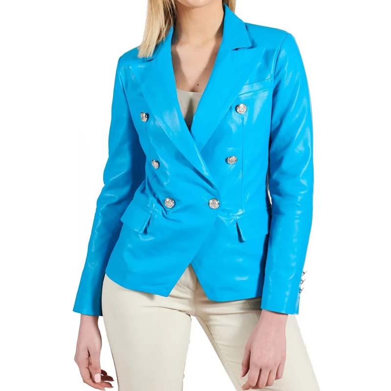 Women's Blue Sheepskin Leather Coat with Double Breasted Design