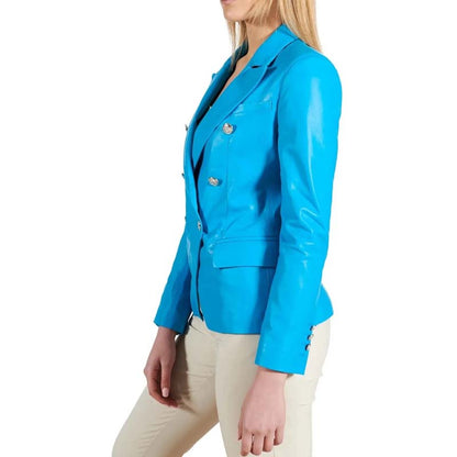 Women's Blue Sheepskin Leather Coat with Double Breasted Design