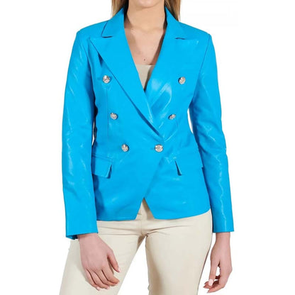 Women's Blue Sheepskin Leather Coat with Double Breasted Design