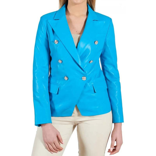 Women's Blue Sheepskin Leather Coat with Double Breasted Design