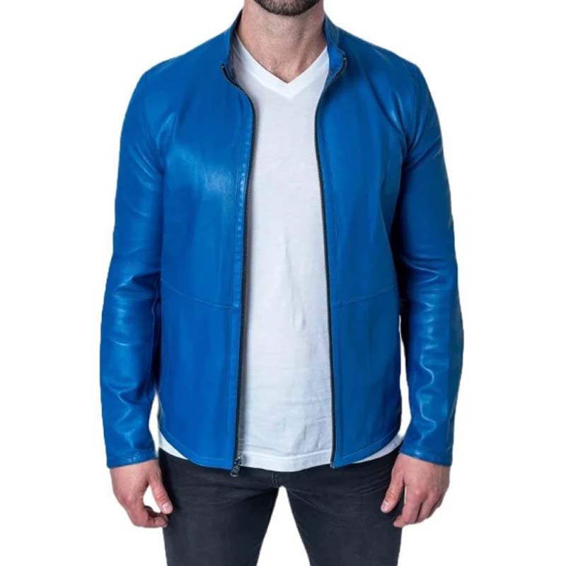 Men's Blue Sheepskin Leather Jacket with Yoked Back Classic Style