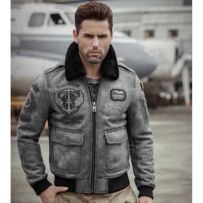 Men’s Grey RAF B3 Flight Bomber Retro Aviator Leather Jacket