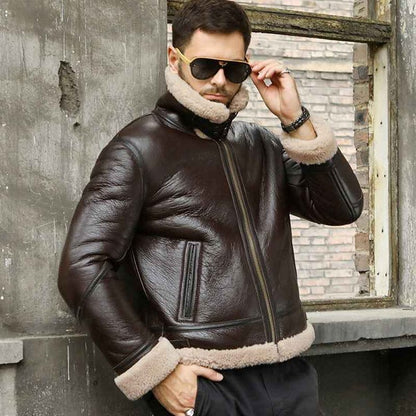 Men’s Shearling Sheepskin Leather B3 Bomber Retro Aviator Jacket