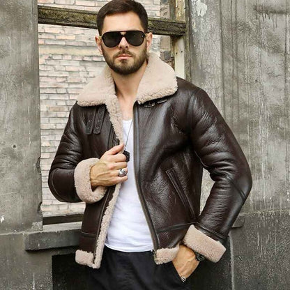 Men’s Shearling Sheepskin Leather B3 Bomber Retro Aviator Jacket