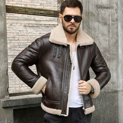 Men’s Shearling Sheepskin Leather B3 Bomber Retro Aviator Jacket