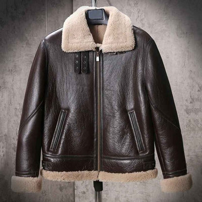 Men’s Shearling Sheepskin Leather B3 Bomber Retro Aviator Jacket