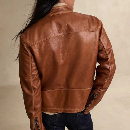Brown Cafe Racer Leather Moto Jacket