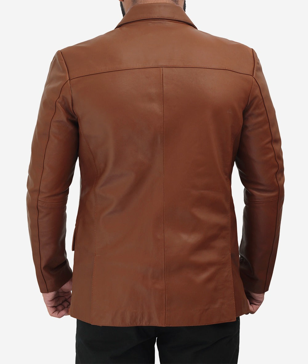 Men's Premium Two Button Cognac Leather Blazer - Refined Elegance