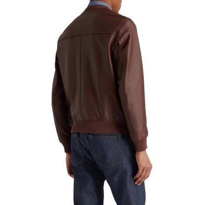 Men's Brown Sheepskin Leather Bomber Jacket with Zip Front Classic Style