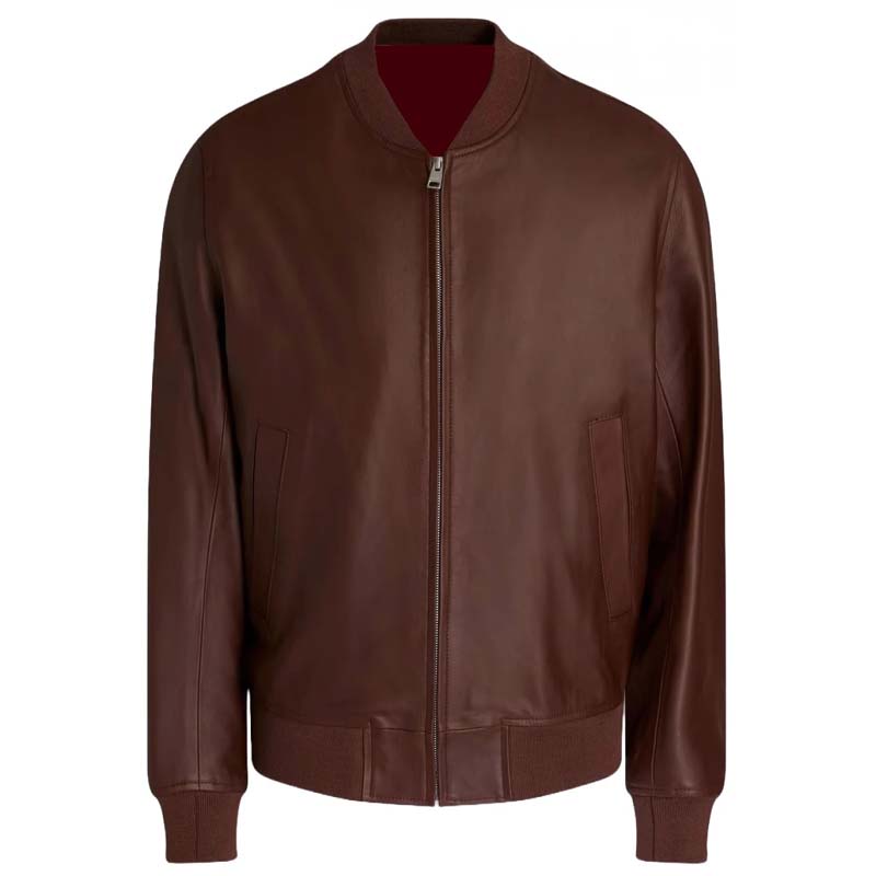 Men's Brown Sheepskin Leather Bomber Jacket with Zip Front Classic Style
