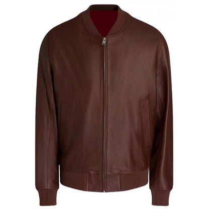 Men's Brown Sheepskin Leather Bomber Jacket with Zip Front Classic Style