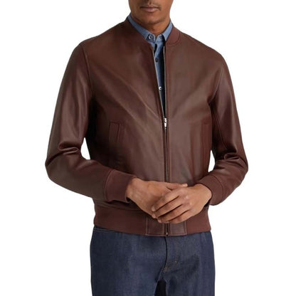 Men's Brown Sheepskin Leather Bomber Jacket with Zip Front Classic Style