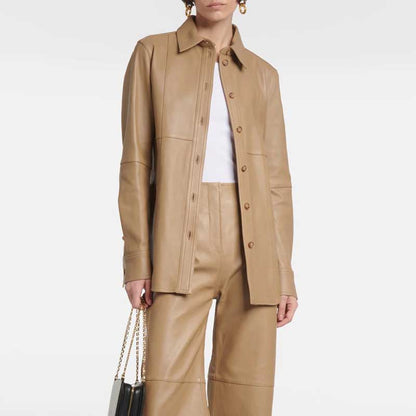 Brown Leather Button Closure Shirt Women