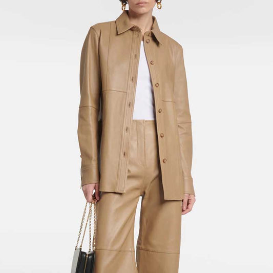 Brown Leather Button Closure Shirt Women