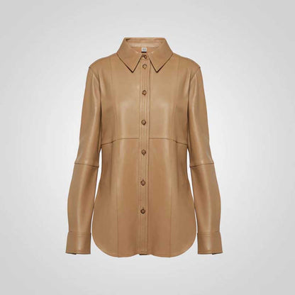 Brown Leather Button Closure Shirt Women