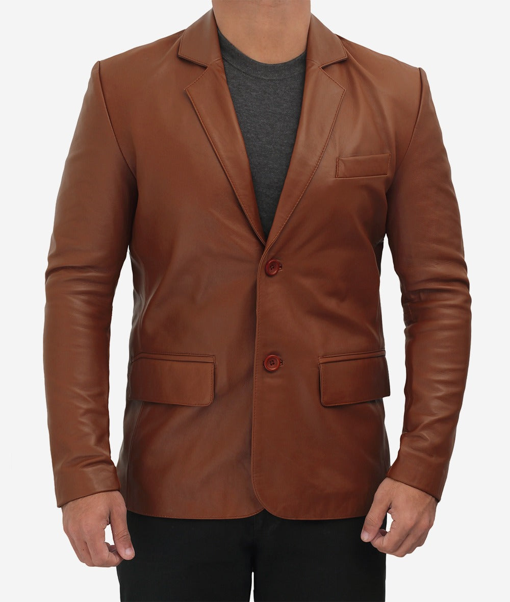 Men's Premium Two Button Cognac Leather Blazer - Refined Elegance