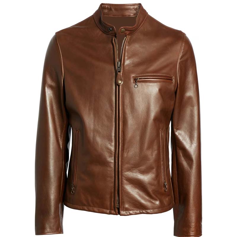 Men's Brown Sheepskin Leather Jacket with Zip Cuff Moto Style