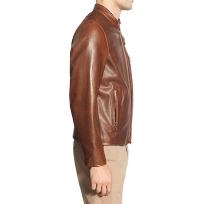 Men's Brown Sheepskin Leather Jacket with Zip Cuff Moto Style