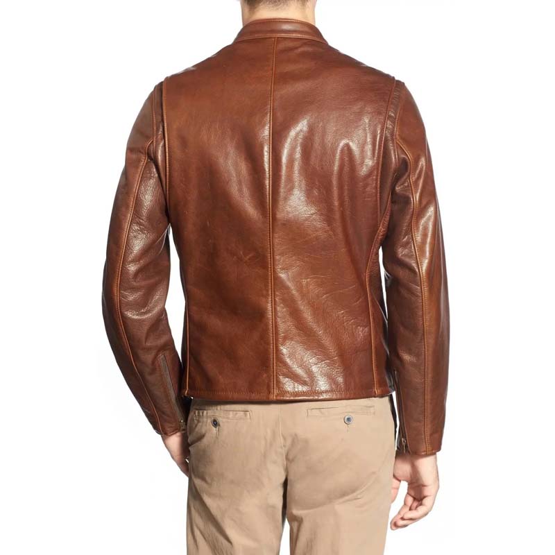 Men's Brown Sheepskin Leather Jacket with Zip Cuff Moto Style