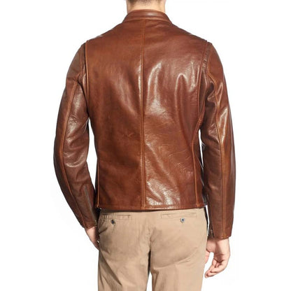 Men's Brown Sheepskin Leather Jacket with Zip Cuff Moto Style