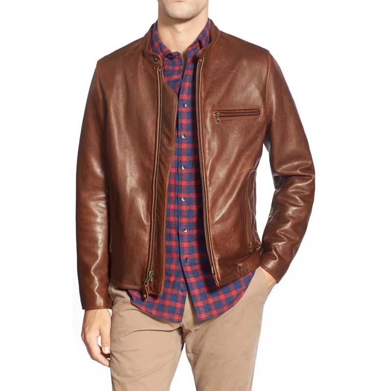 Men's Brown Sheepskin Leather Jacket with Zip Cuff Moto Style