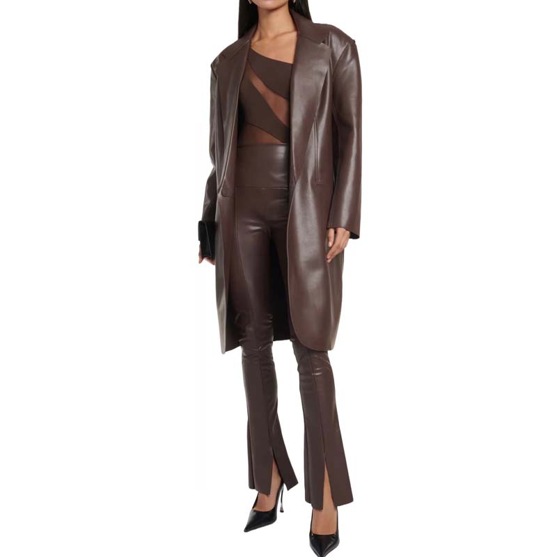 Women's Brown Sheepskin Leather Overcoat with Single Breasted Design
