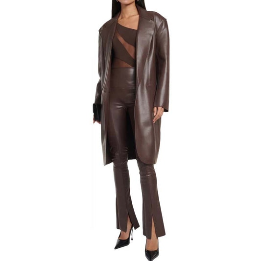 Women's Brown Sheepskin Leather Overcoat with Single Breasted Design