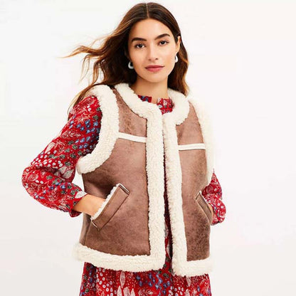 Women's Brown Crackle Leather Shearling Vest with Open Front Pocket Design