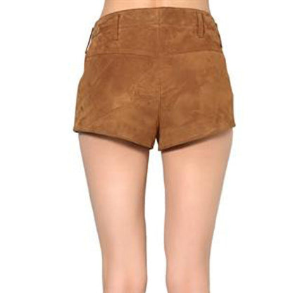 Women's Brown Suede Leather Shorts with Concealed Hook Closure