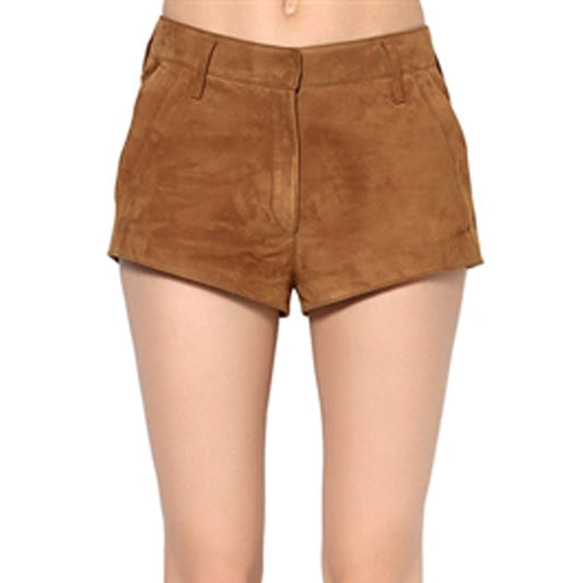 Women's Brown Suede Leather Shorts with Concealed Hook Closure