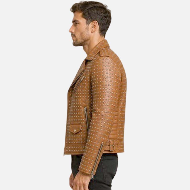 Buy men’s brown studded leather biker coat with classic punk rock and motorcycle inspired style
