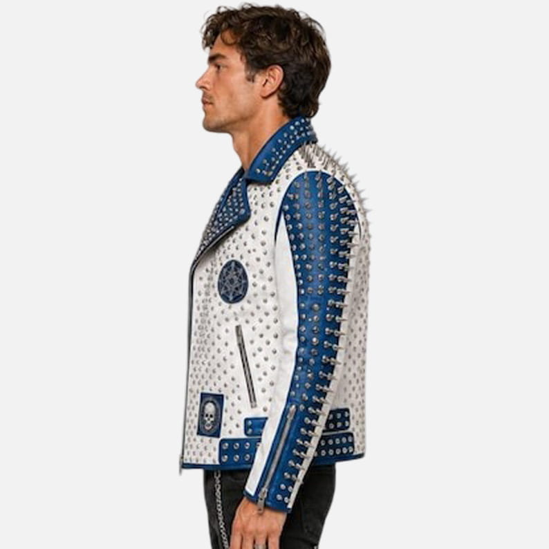 Premium white and blue studded leather jacket for men with punk biker inspired design