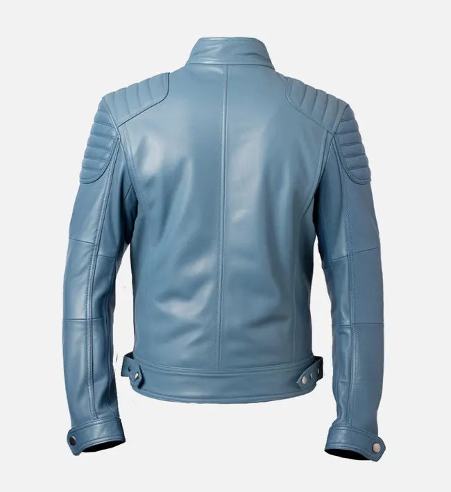 Back view of men’s blue motorcycle leather jacket