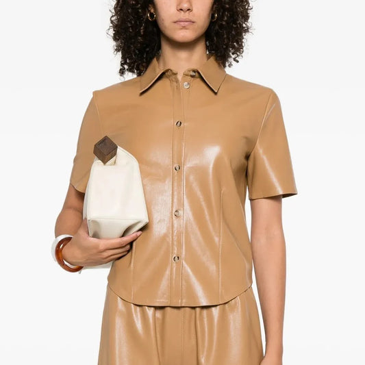 Camel Brown Leather Shirt for Women