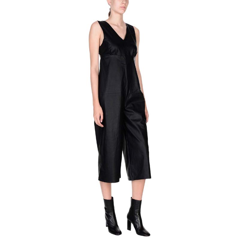Women's Lambskin Leather Jumpsuit with Cropped Utility High Waist Design