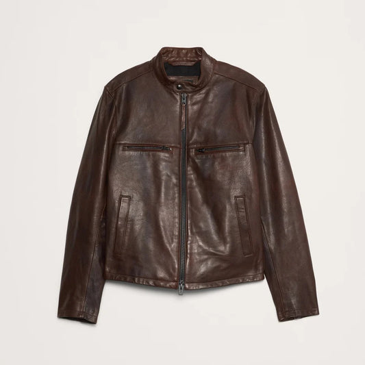 Dark Brown Cafe Racer Leather Moto Jacket