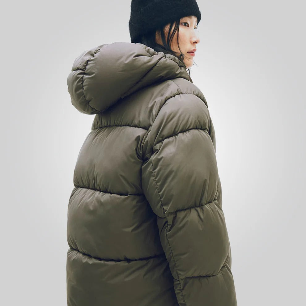 Dark Khaki Hooded Puffer Jacket for Women