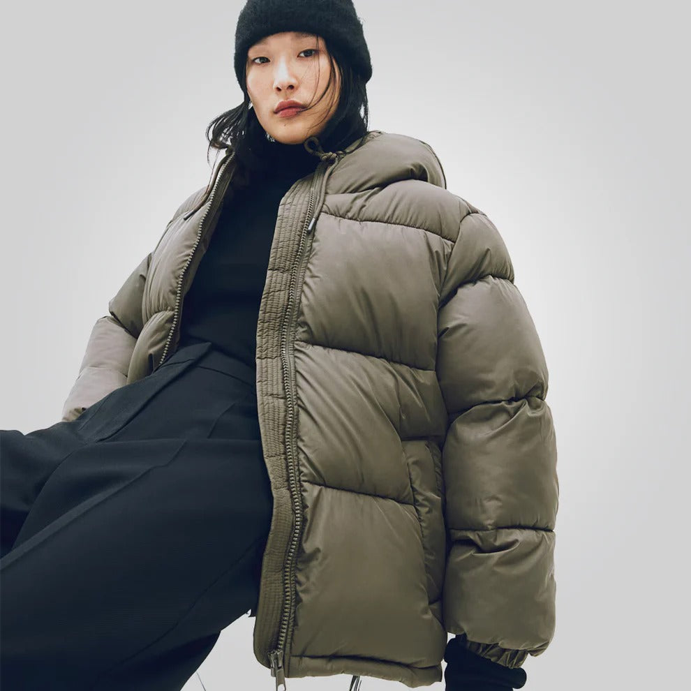 Dark Khaki Hooded Puffer Jacket for Women